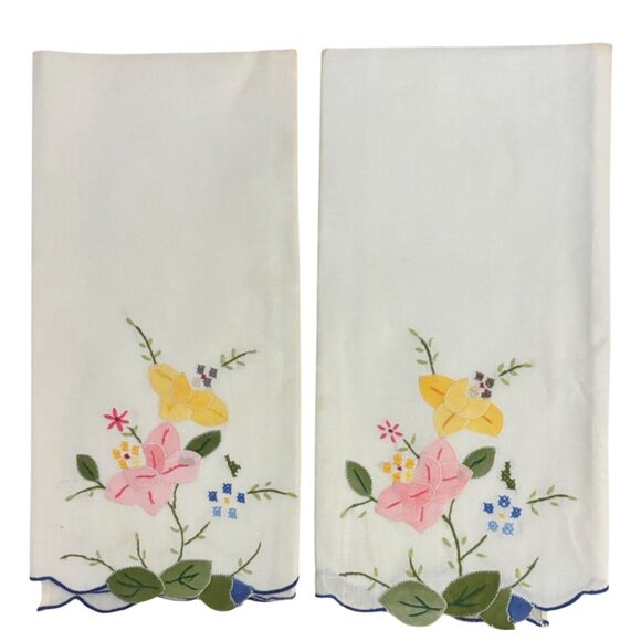 Appliqué Embroidered Floral Cotton Placemats Liners Doilies Set Of 2 Cottagecor - Picture 1 of 12